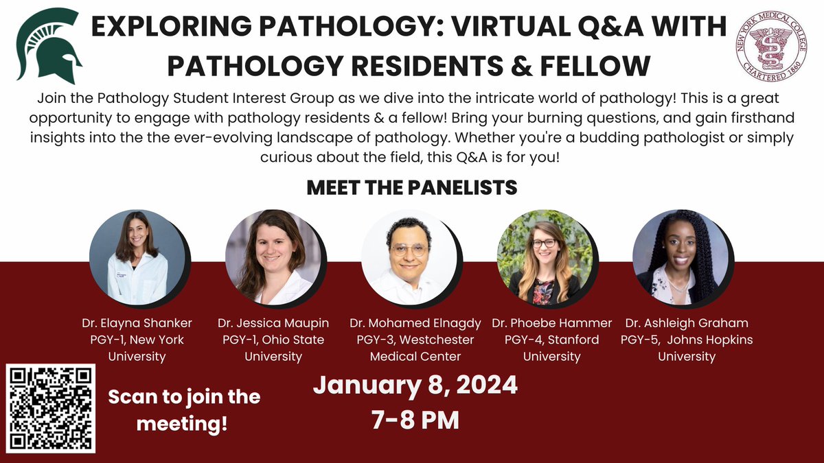 Happy New Year aspiring pathologists! Kicking off the year with a discussion with pathology residents! Tune in Jan 8th, 2024 7-8 PM EST! Scan below to join!! #pathtwitter <a href="/MatchToPath/">MatchToPath</a> @CurtissJohnson8 <a href="/nataliemoore97/">Natalie Moore</a> <a href="/ShelcieF/">Shelcie Fabre</a> <a href="/julia_chen117/">Julia Chen</a> <a href="/Eric_Johnson35/">Eric Johnson</a>