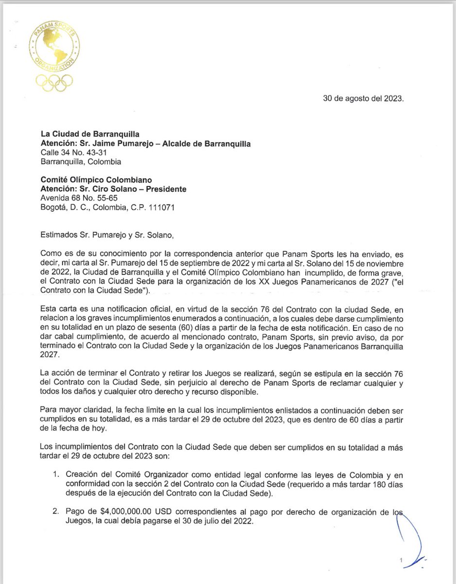 El contrato con Panam Sports se firmo en 2021 , duque se comprometío a realizar 2 pagos , el primero en 2021 y el 2do en 2022.

Si Duque hubiera cumplido el contrato con Panam Sports , los juegos Panamericanos ya serían de Barranquilla y no estuviéramos en este problema.