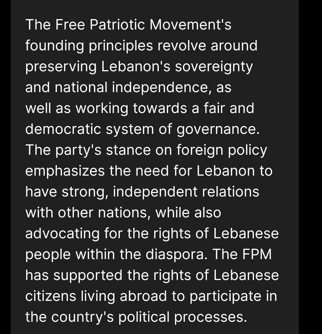 elebfpm's tweet image. I asked Chatgpt about FPM:

☑️ The party&apos;s commitment to nationalism
☑️ Avocating for the rights of the lebanese people in diaspora
☑️ Championed the cause of establishing a fair and just electoral system that promotes equal representation and fair participation for all citizens