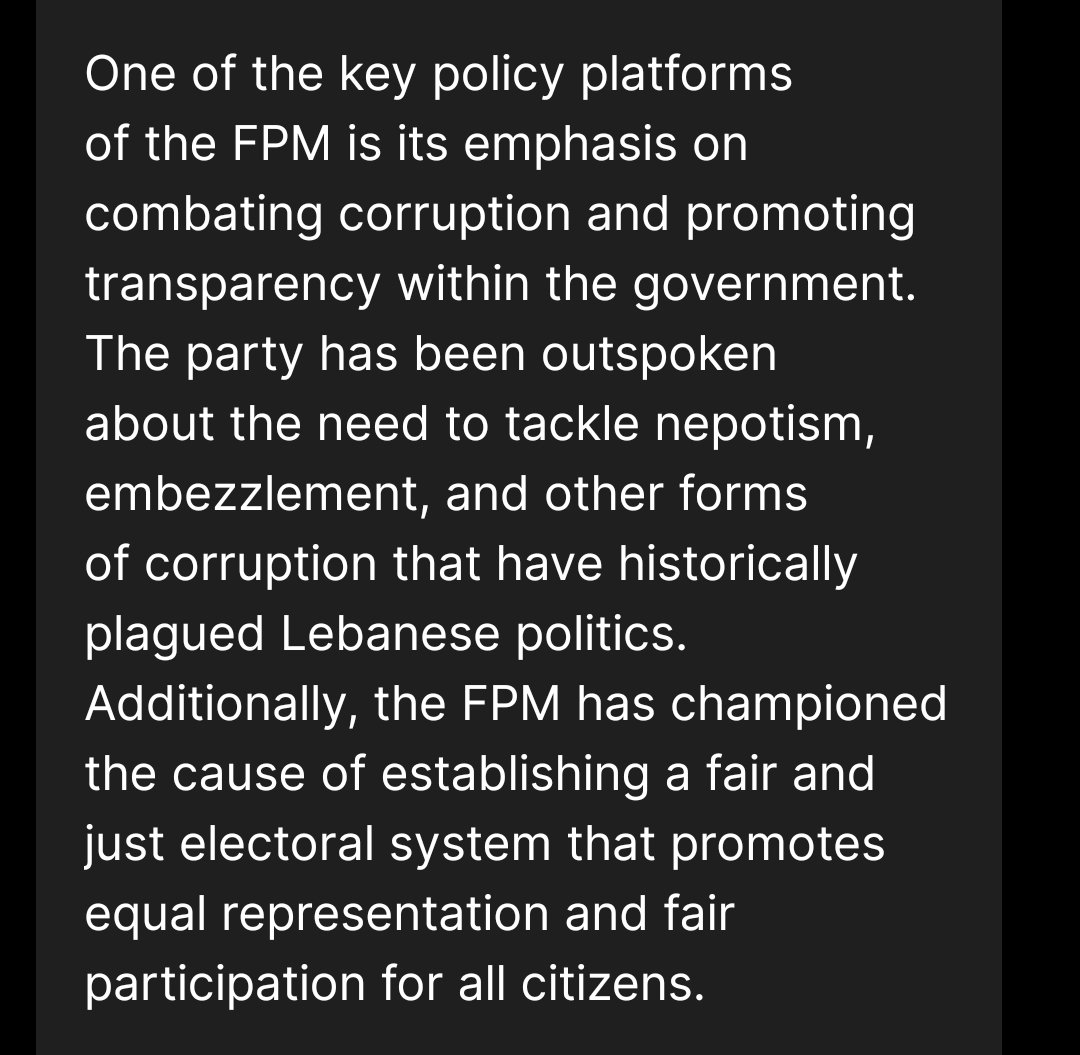 elebfpm's tweet image. I asked Chatgpt about FPM:

☑️ The party&apos;s commitment to nationalism
☑️ Avocating for the rights of the lebanese people in diaspora
☑️ Championed the cause of establishing a fair and just electoral system that promotes equal representation and fair participation for all citizens
