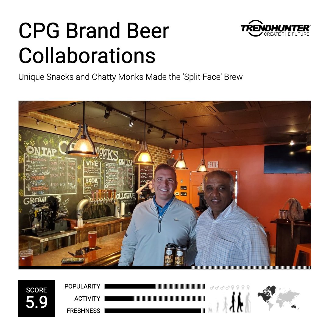trendhunter's tweet photo. CPG brands have collaborated with breweries to produce exclusive, limited-edition products. It is clear that consumers prioritize consistency and tend to avoid taking risks when making purchases. Learn more: https://t.co/A5pIXO5PPJ #ConsumerInsight #CollaborativeBrew https://t.co/j3hJlkPgNN