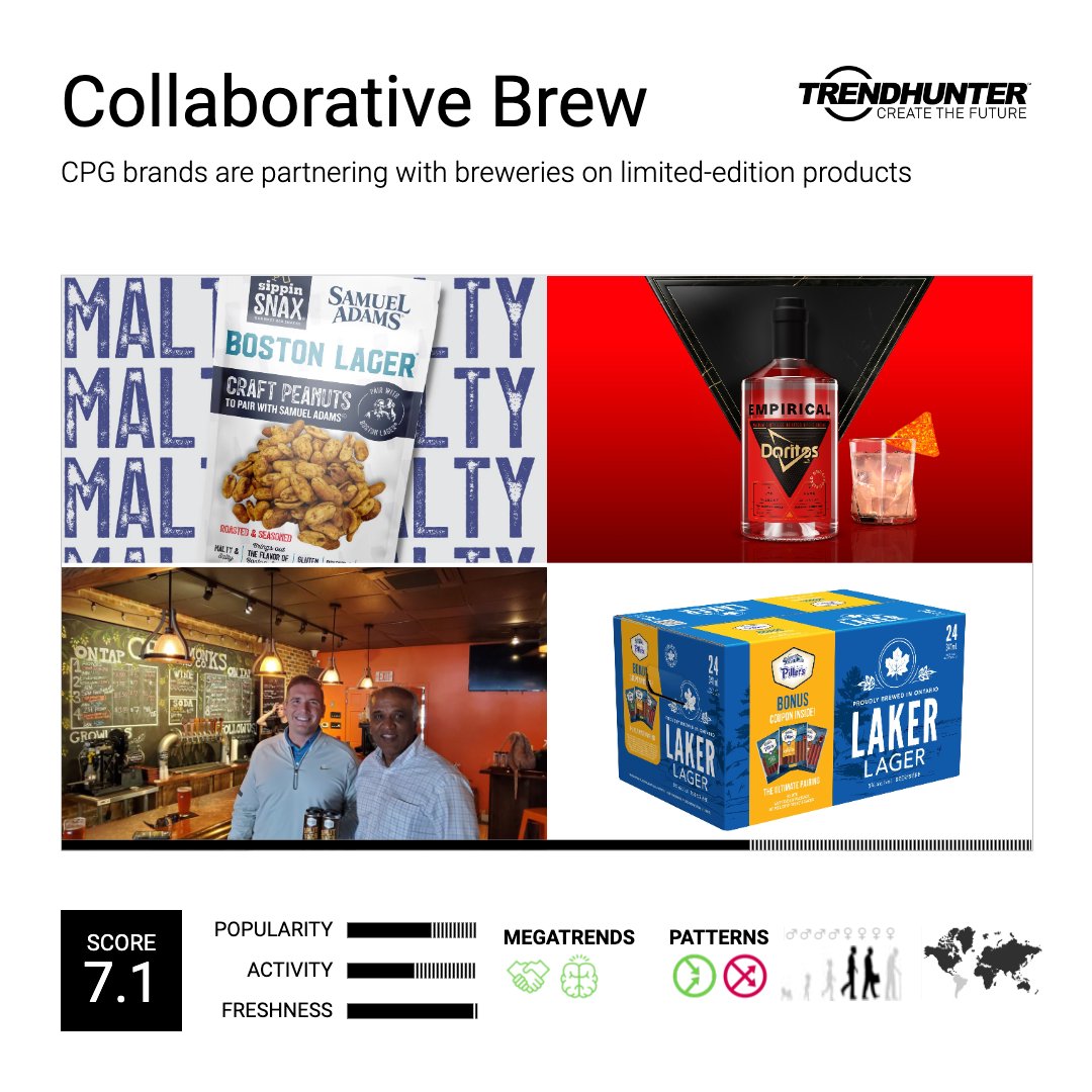 trendhunter's tweet photo. CPG brands have collaborated with breweries to produce exclusive, limited-edition products. It is clear that consumers prioritize consistency and tend to avoid taking risks when making purchases. Learn more: https://t.co/A5pIXO5PPJ #ConsumerInsight #CollaborativeBrew https://t.co/j3hJlkPgNN
