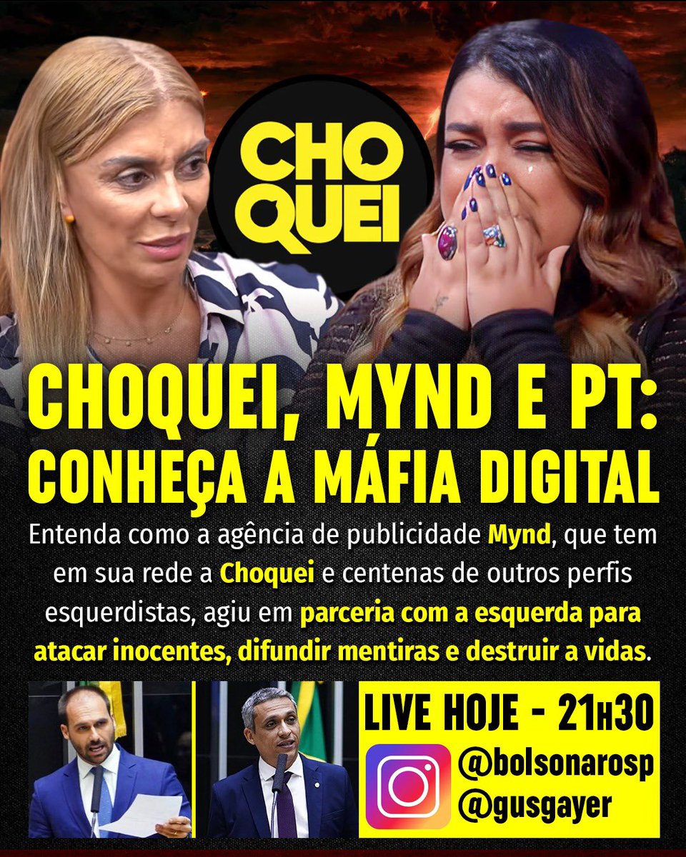 Live hoje no insta BolsonaroSP: eu e @gusgayer : tudo sobre a MYND8, Choquei e a Máfia Digital.

Assista, compartilhe.