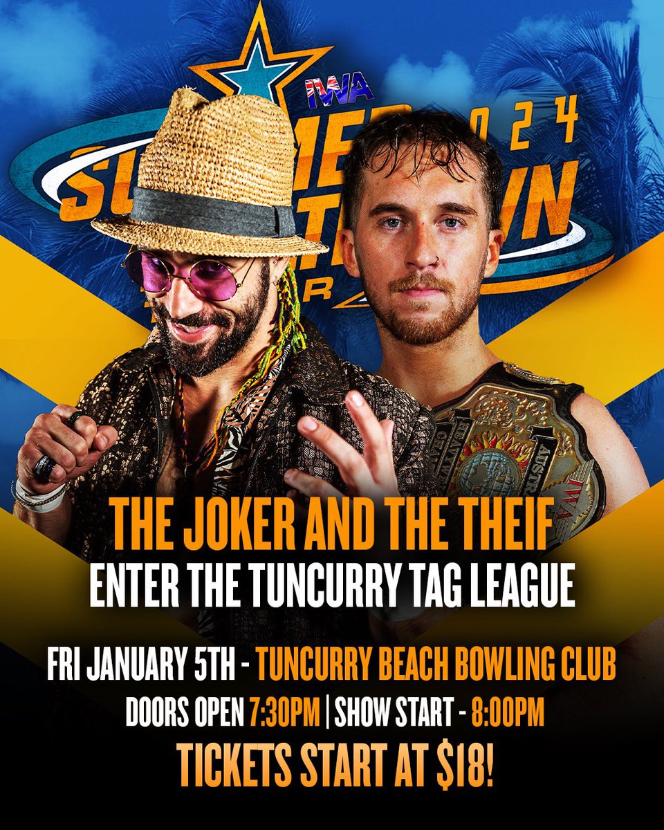 IWAaustralia's tweet photo. 🔥 TONIGHT AT TUNCURRY 🔥

The first ever TUNCURRY TAG LEAGUE TOURNAMENT ☀️

Green/Tuckman | North Shore Wrestling | Ricky/Backman | Joker and the Thief

TIX > https://t.co/b84t5PFOId 🎟️ 

#IWASummerTour https://t.co/lvuL47Eh71