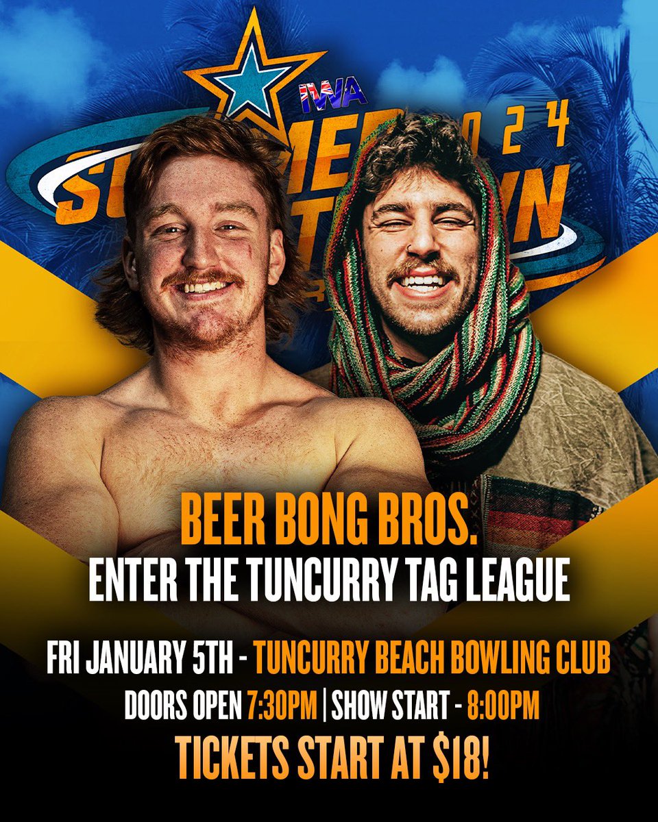 IWAaustralia's tweet photo. 🔥 TONIGHT AT TUNCURRY 🔥

The first ever TUNCURRY TAG LEAGUE TOURNAMENT ☀️

Green/Tuckman | North Shore Wrestling | Ricky/Backman | Joker and the Thief

TIX > https://t.co/b84t5PFOId 🎟️ 

#IWASummerTour https://t.co/lvuL47Eh71