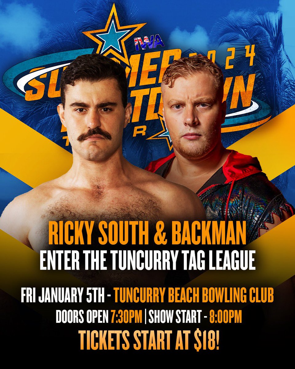 IWAaustralia's tweet photo. 🔥 TONIGHT AT TUNCURRY 🔥

The first ever TUNCURRY TAG LEAGUE TOURNAMENT ☀️

Green/Tuckman | North Shore Wrestling | Ricky/Backman | Joker and the Thief

TIX > https://t.co/b84t5PFOId 🎟️ 

#IWASummerTour https://t.co/lvuL47Eh71