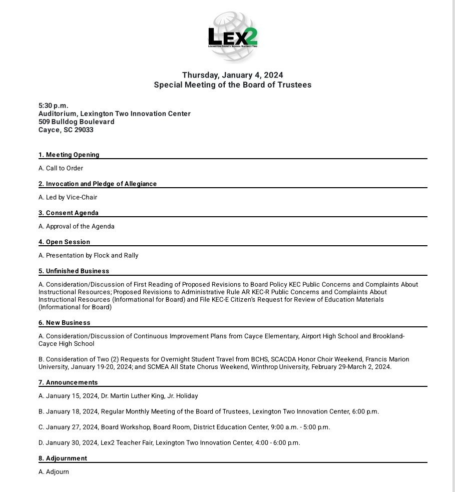 MelissaLGoforth's tweet image. Special Meeting of the @LexingtonTwo BOT tonight at 5:30pm, will include 1st Reading of proposed revisions to Board Policy KEC, KEC-R &amp;amp; KEC-E.
Also first presentation from @FlockandRally on $130k PR Plan

Livestream: youtube.com/live/ykpsfKPOV…

Detailed Agenda👇 #wearelex2 #caycesc