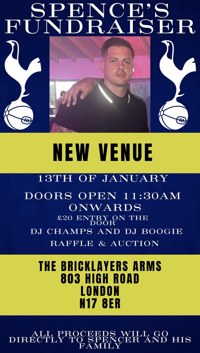 Unfortunately the venue for Spence’s fundraiser has had to be changed. Join us at the bricklayers arms (opposite the ground) on Saturday the 13th of January. Please share this about🇮🇱👊 @KiddRonnie @BIGDTHFC @1MickyHazard @WeRTottenhamTV @No1THFCProgs @MrCracknell @leogregs