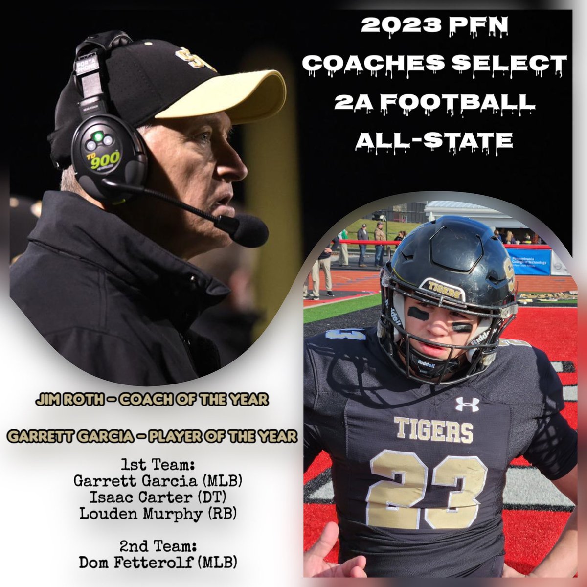 SoCoTigerSports (@socotigersports) on Twitter photo Kudos to those on the <a href="/PaFootballNews/">Pennsylvania Football News</a> Coaches Select 2023 Class 2A Football All-State squad. Coach Roth was named Coach of the Year and Garrett Garcia Player of the Year! Other players were Isaac Carter & Louden Murphy on the 1st team and Dom Fetterolf on the 2nd team. Congrats! Kudos to those on the <a href="/PaFootballNews/">Pennsylvania Football News</a> Coaches Select 2023 Class 2A Football All-State squad. Coach Roth was named Coach of the Year and Garrett Garcia Player of the Year! Other players were Isaac Carter & Louden Murphy on the 1st team and Dom Fetterolf on the 2nd team. Congrats!