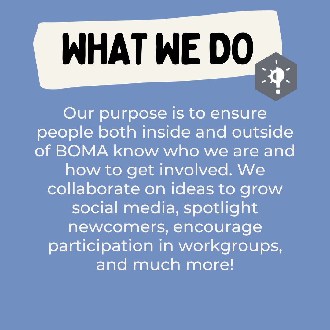 BOMA_OEB's tweet image. Looking to get more involved with BOMA
OEB? Join a Workgroup! Today we spotlight the
Marketing Workgroup, the team that assists in
messaging, member interviews, event recaps, and
more. Learn more about this workgroup and consider
reaching out to join today!

#bomaoeb #workgroup