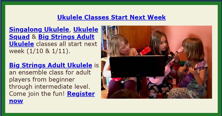 Ukulele Classes Start Jan 10/11
Come join the fun! Register now app.mainstreetsites.com/dmn2680/classe…

#Ukulele #UkuleleLessons #UkuleleClasses #SouthSeattle #MusicforTots