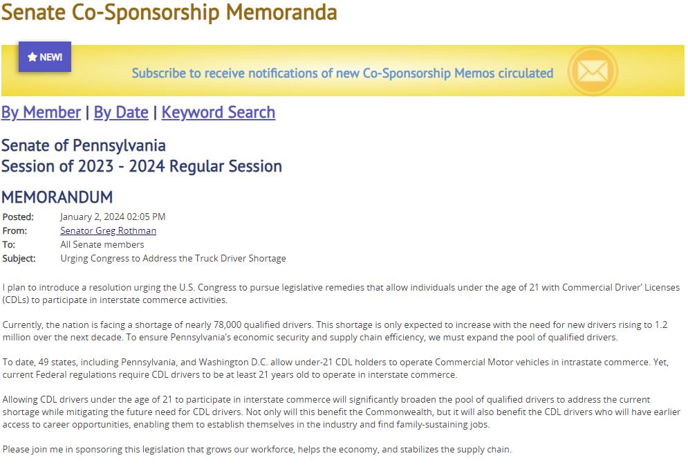 Thank you <a href="/RepKyleMullins/">Rep. Kyle Mullins</a> and <a href="/rothman_greg/">Senator Greg Rothman</a> for acting on one of trucking's biggest workforce development issues!

We hope the Pennsylvania legislature and U.S. Congress help CDL certified drivers under 21 secure jobs before it has a detrimental impact to our supply chain.