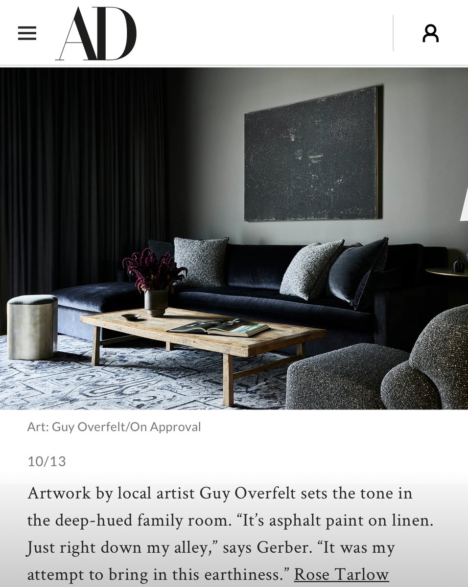 guyoverfelt's tweet photo. so unreal. it’s a dream come true, seeing my work in @ArchDigest  the painting is titled “I understand that criticism will only make me better”, from a series of affirmation cosmic space paintings using road marking paint on Belgian linen measuring 66 x 48 in.  @on_approval_art https://t.co/90XihPzj39