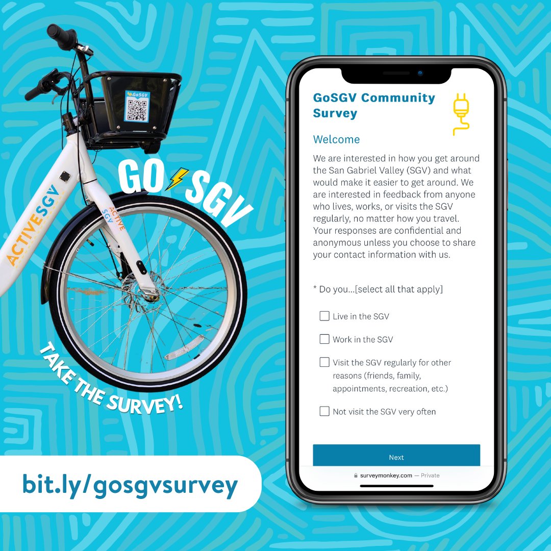 San Gabriel Valley residents, workers, and visitors are invited to participate in the GoSGV Community Survey. The SGV Council of Governments and ActiveSGV are interested in how you get around the SGV and what would make it easier. surveymonkey.com/r/GoSGVCommuni…