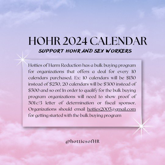 SWOP-Hawai’i has partnered w <a href="/HottiesofHR/">Hotties of Harm Reduction</a> to help promote their annual harm reductionist calendar! W a special focus on sex workers + bringing awareness to the intersections of harm reduction, body positivity, &amp; sex work. hottiesofharmreduction.org 💕

#sexworkiswork #harmreduction