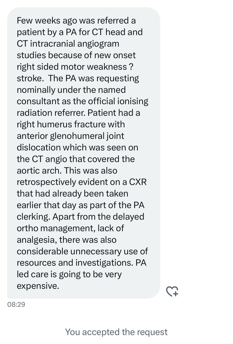 Dr_Done_'s tweet image. The type of ‘medicine’ we’re getting ourselves into:
🔹Inability to interpret an XR
🔹Inability to distinguish a stroke from a shoulder dislocation
🔹Incredible overuse of unnecessary investigations
PA course was only intended to provide understanding to assist with admin.