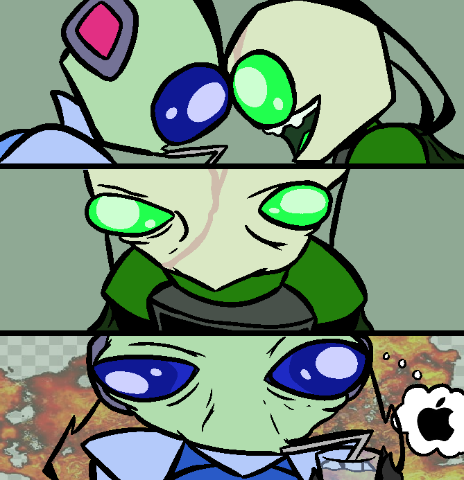 last night i had a shitpost idea pop into my head
and drawing it all, i was laughing so hard i still have a sore throat today

so here you go, some funny aliens looking into each others' eyes

dil and xeon belong to <a href="/ChicoBrrr/">Chico!</a> and <a href="/bluecolty/">Bluecolty</a> 
i have some other versions too hehe