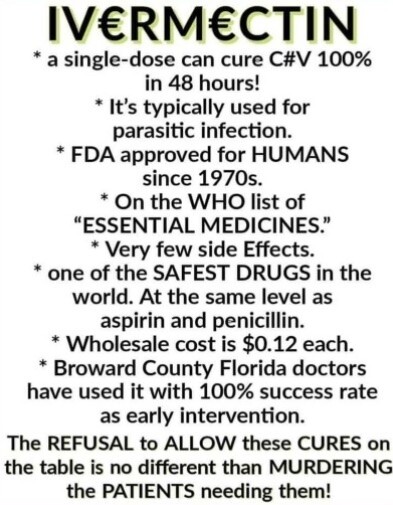 @SuzyLiberty2 Ivermectin - Nobel Prize, Proven safe & effective w/ Zinc cured me in 2 days of a very bad case of COVID & millions of others around the world. Untested experimental mRNA VAX don't work, seriously harms our immune system & killed 1000's. THEY MUST BE HELD ACCOUNTABLE FOR MURDER!