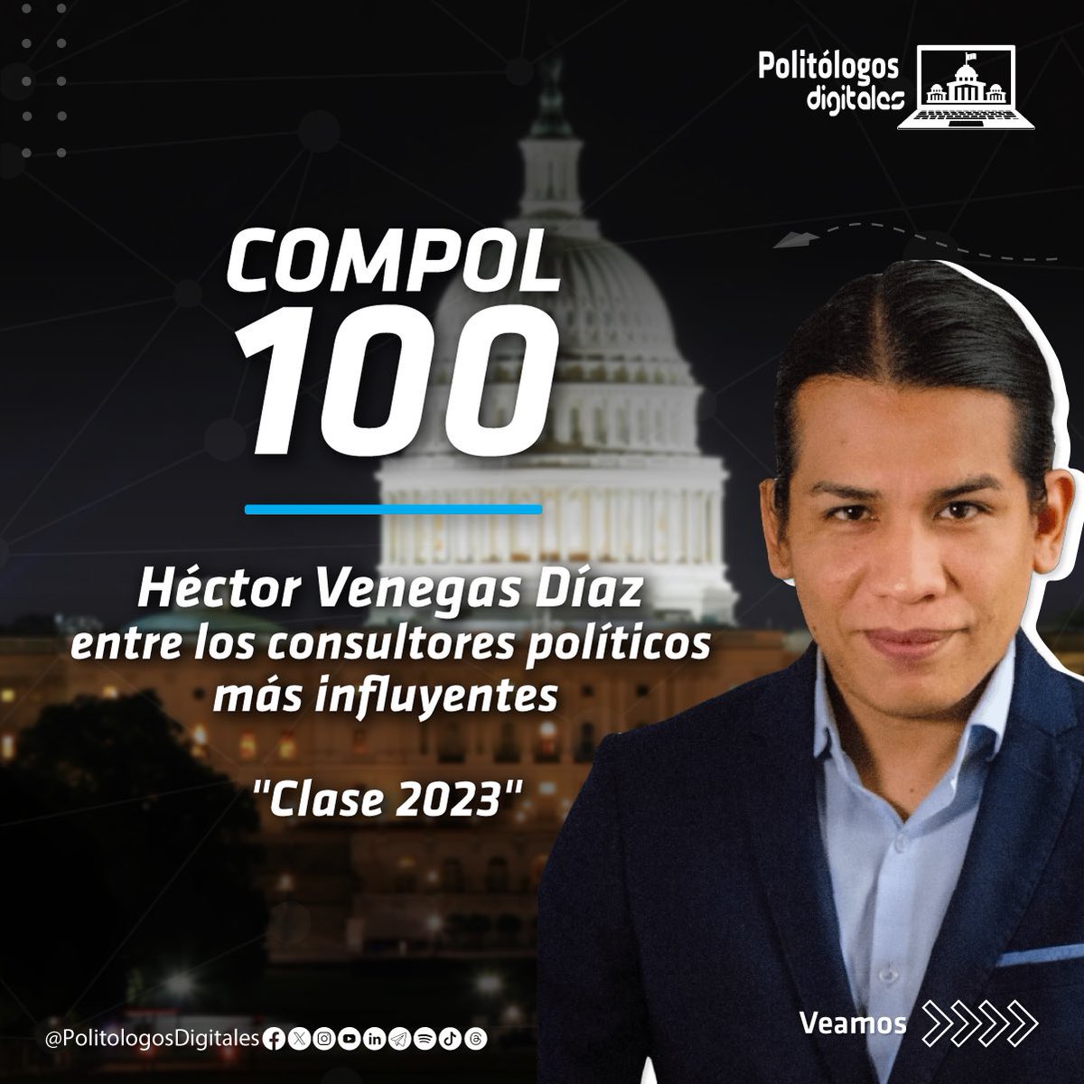 PolitologosD's tweet photo. @WCompol ha nombrado a @hvenegasdiaz como uno de los más influyentes de la #ComunicaciónPolítica🌍
Gracias por tu perseverancia y el trabajo que día a día realizas. Eres un ejemplo y motivación para todo el equipo de #PolitólogosDigitales
#WashingtonCOMPOL #COMPOL100 https://t.co/ElpbqWnQa7