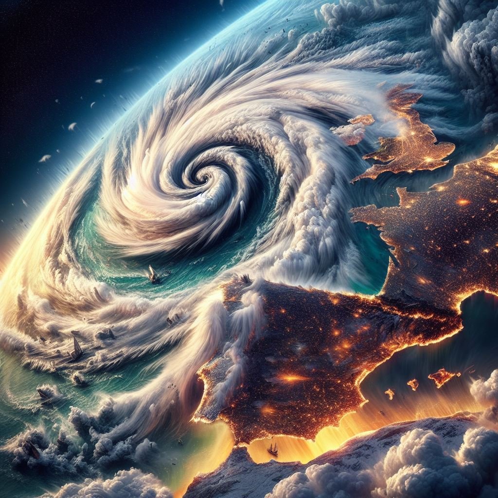 Rub_dc's tweet photo. Le he pedido al generador de imágenes DALL-E que imaginase a España azotada por "una ciclogénesis explosiva, una rotura del vórtice polar, un río atmosférico y el chorro polar".

Y bueno... https://t.co/jx6YKrzUfn