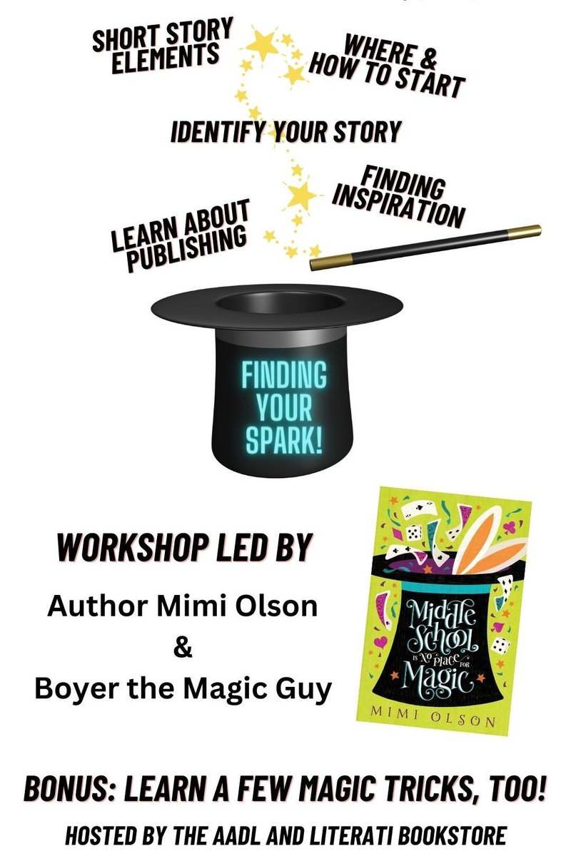 authormimiolson's tweet image. Only three days away🪄

If you know any middle schoolers who like magic and could use some writing tips, join us for this fun-filled event! 

***Sunday, January 7th from 1-2 p.m. at the Downtown AADL***

#ELA #BookPosse #BookExcursion #MGBookChat #MGBookClub #BoyertheMagicGuy