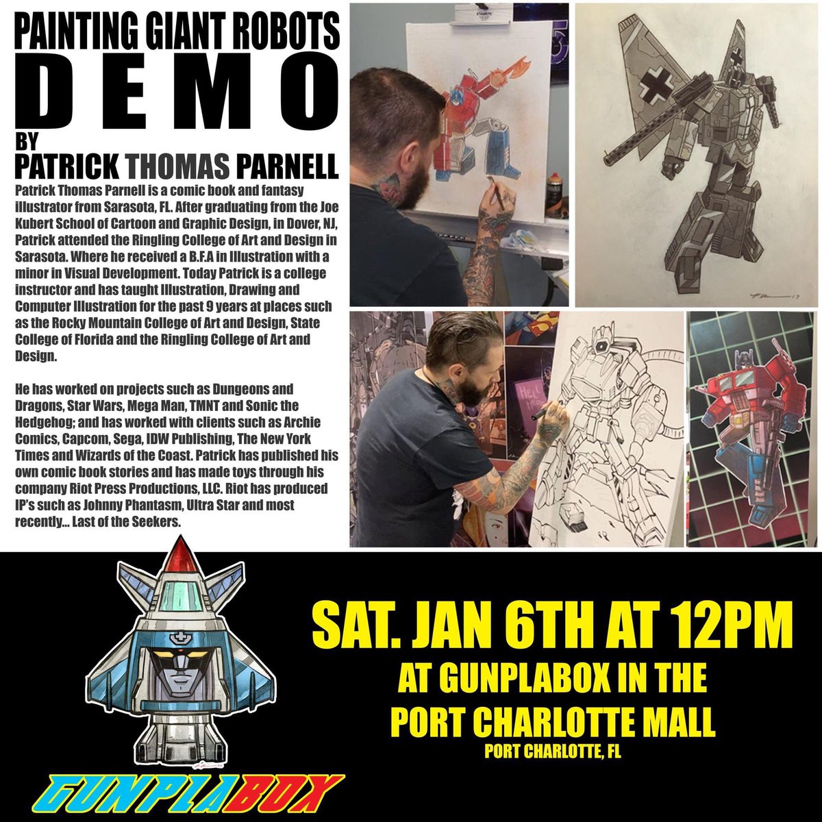 PatrickThomasP1's tweet photo. This Saturday! Come out south west Florida! I’m going to be doing a painting demonstration from 12 PM to 4 PM at the Port Charlotte mall. #Gundam #Transformers #Robots #Mall #Mecha #LastOfTheSeekers #RyanPress #Riotpressproductions #RyanPressAComicsAndToys @RiotPressComics https://t.co/Mirb2d95DX