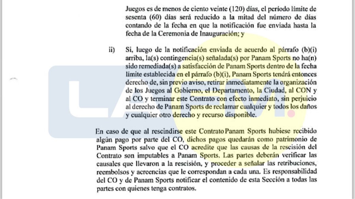 lafm's tweet photo. #PrimiciaLaFM Ésta es la cláusula del contrato firmado entre el Comité Olímpico Colombiano, el ministerio del Deporte, la administración de Barranquilla y la Nación que deja claro que Colombia podría perder cerca de USD2 millones por cuenta del retiro de la organización de los Juegos Panamericanos por parte de Panam Sports #MePasoALaFM