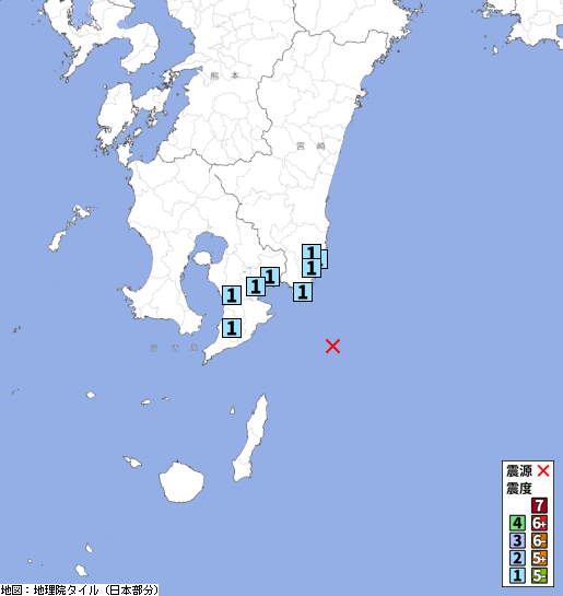 p2pquake's tweet image. 【地震情報】01/05 08:06頃 震度1 大隅半島東方沖(深さ約40km、M4.0) 津波の心配なし [震度1]宮崎県日南市、串間市、鹿児島県鹿屋市、志布志市、大崎町、錦江町  p2pquake.net/app/web/