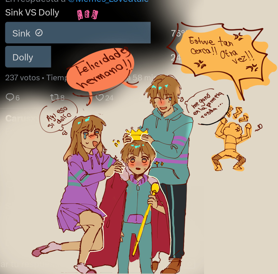 moka74827425's tweet photo. @Memes_Lovedtale estuvo bien reñida la encuesta xd pero era facil que quedarian estos dos por su popularidad actual, aun asi llore... Pero de felicidad porque gano el nene <3 aun asi tambien dolly merece amor💖: Felicidades @Locur0n ✨ 
#LovedtaleAU #sink #fran #sarik https://t.co/S1fVNhK0AV