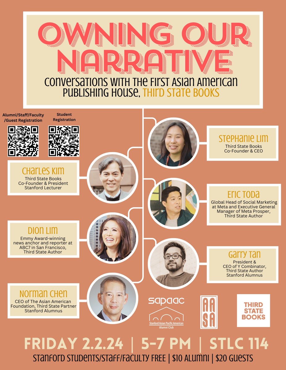 My wife Stephanie Lim started one of the first Asian-American publishing houses, Third State Books. Representation matters, and our stories will be told. 

If you care about books, publishing, and the Asian American experience, come meet us at Stanford on February 2 at 5pm.