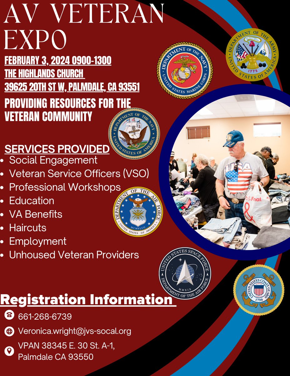 Join us at the AV Veteran Expo on February 3 from 9pm - 1pm at The Highlands Church in Palmdale, CA! They will provide services or resources for the veteran community.