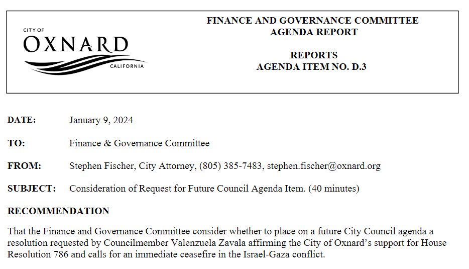 Arthur4Oxnard's tweet photo. The Oxnard Finance &amp; Governance Committee will consider adding a resolution affirming HR 786, an immediate ceasefire, to a future Oxnard City Council Agenda. I encourage members of the public to give public comment in-person, via zoom, or by e-mail. https://t.co/WcQSdRrnWQ