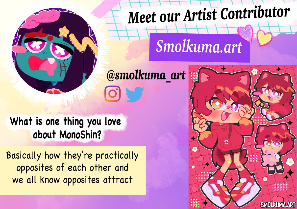 Interested in more of our contributors? We know you are! <a href="/smolkuma_art/">Kuma🐻💫 VGen</a>   is cooking up some fantastic Monoshin for you! They love how opposite their natures are, and we all know opposites attract!