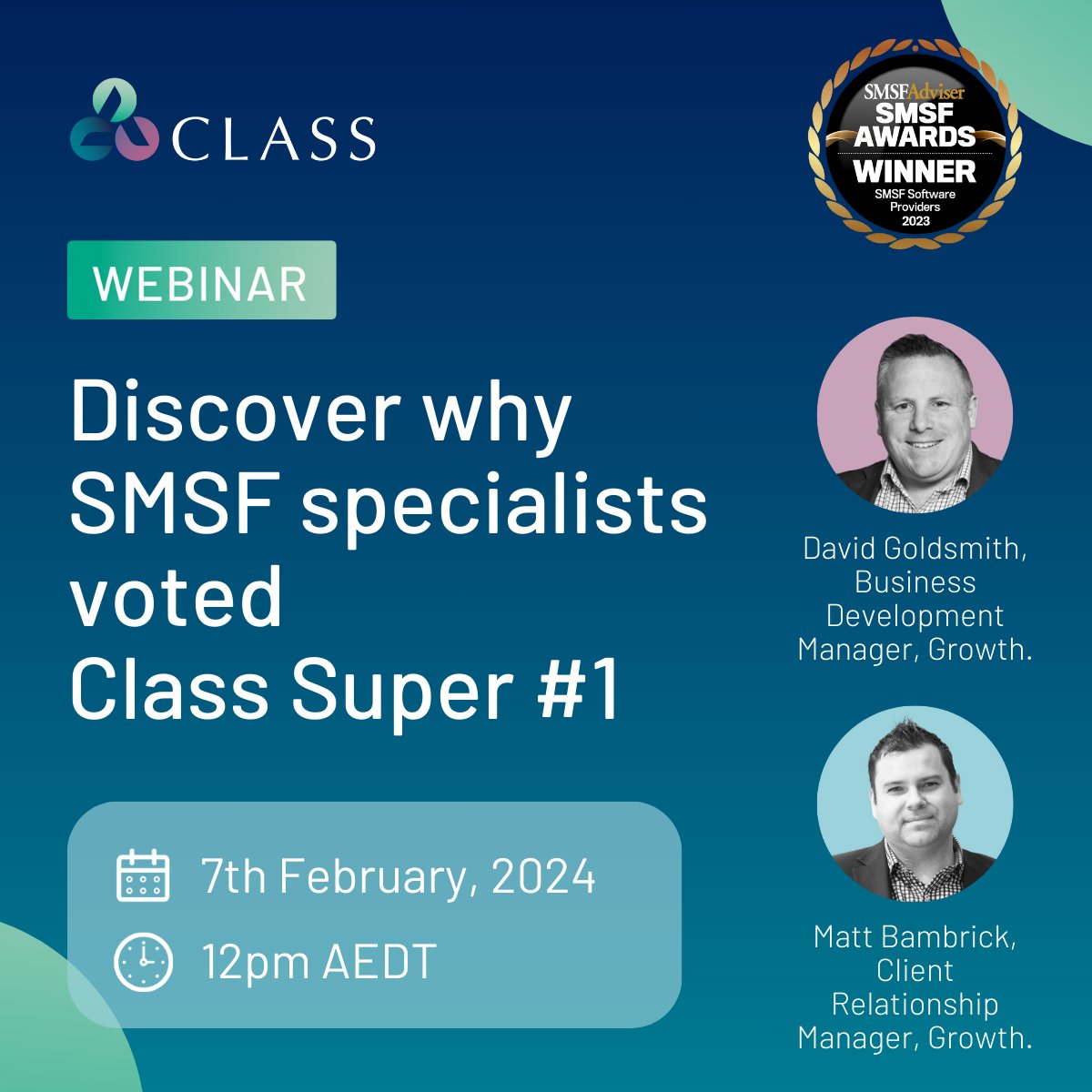 Kick off your new year and join our 30min demo with David Goldsmith and Matt Bambrick to explore Class Super: voted #1 SMSF Software Provider. Discover how to grow your #SMSF administration with bulk processing, tax statement automation and 200+ data feeds.bit.ly/49BWBPM