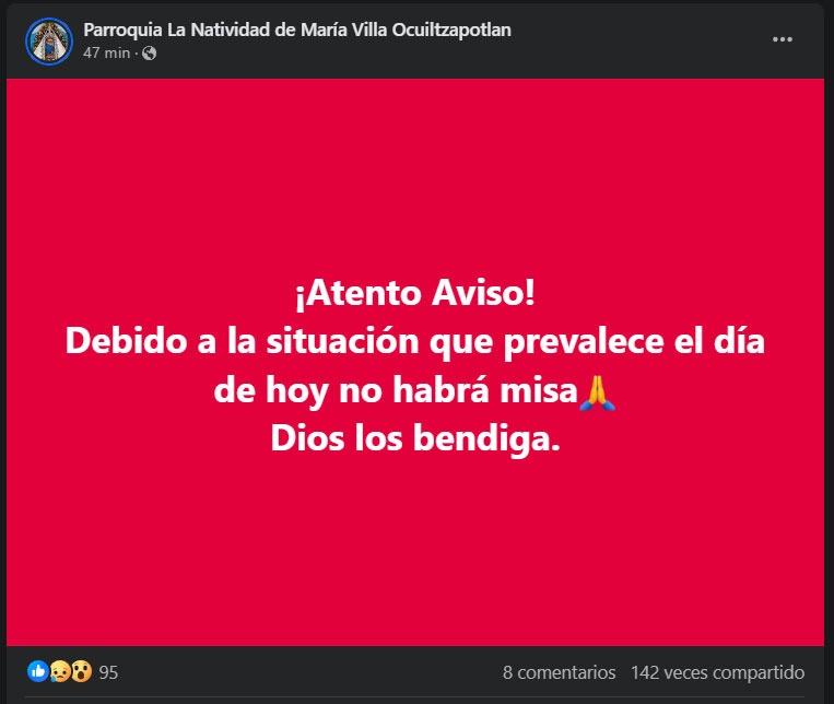 TabascoHOY's tweet photo. #EntérateTH🗣️| Debido a los hechos que se han registrado, la Parroquia La Natividad de María de Villa Ocuiltzapotlán cancela misa.
https://t.co/Kkp9IhptgF https://t.co/ATTmqEajnd