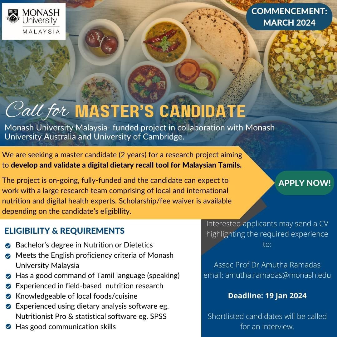amutha_ramadas's tweet photo. Vacancy for Master’s candidate @ Monash University Malaysia, Bandar Sunway. 

Please contact A/P Dr Amutha Ramadas (amutha.ramadas@monash.edu) with your CV before 19 Jan 2024 for an interview.

#mastersdegree #nutrition #Malaysiannutrition #dietetics #digitaltools  #intake24 https://t.co/snhVWiNmyI