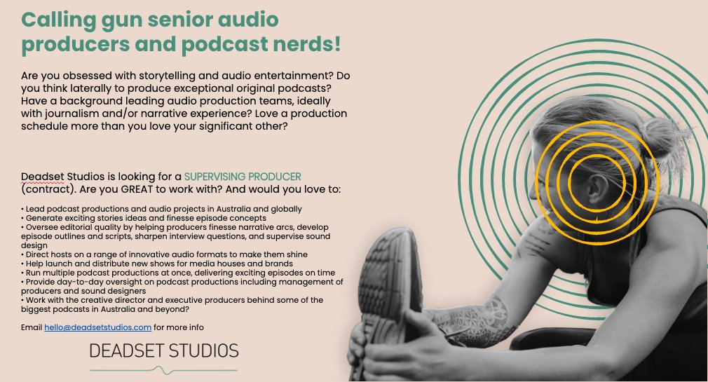 Kellie Riordan 🎤🎧 (She/Her) (@kellieriordan) on Twitter photo Are you obsessed with storytelling and think laterally to produce original stories? Have a background leading or working in audio, podcast, & journalism? Can you run multiple #podcast productions at once? We're expanding <a href="/_deadsetstudios/">Deadset Studios</a> 👇 Are you obsessed with storytelling and think laterally to produce original stories? Have a background leading or working in audio, podcast, & journalism? Can you run multiple #podcast productions at once? We're expanding <a href="/_deadsetstudios/">Deadset Studios</a> 👇