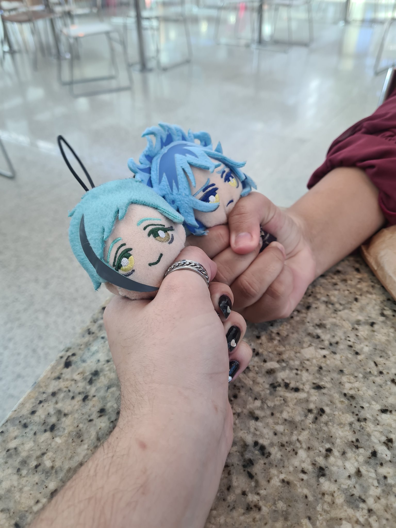 picture of me and my friend's hands, squishing two small plushies of our favorite 'twisted wonderland' characters.
