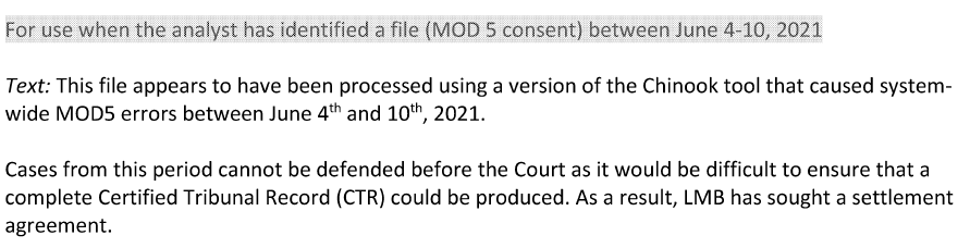 smeurrens's tweet photo. Internal IRCC correspondence confirms that some judicial reviews are settled only because of a technical issue with Chinook that prevents the complete Certified Tribunal Record from being produced.

Liklihood of refusal on reconsideration would presumably be higher than normal. https://t.co/R6s13gToOS