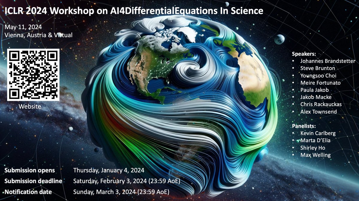 All are invited to submit to our first ICLR 2024 workshop on AI4DifferentialEquations in Science! We welcome submissions that push forward the use of AI for solving ODEs and PDEs with applications in earth sciences, weather, climate and beyond. #ai4science #iclr2024