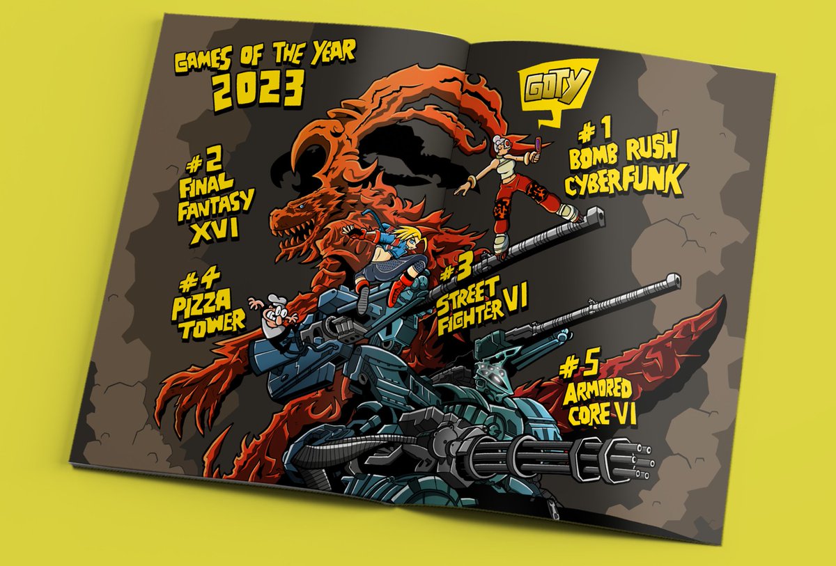 My art of me 2023 Games Of The Year. 1. Bomb Rush Cyberfunk. 2. Final Fantasy XVI. 3. Street Fighter VI. 4. Pizza Tower. 5. Armored Core VI. 🏆💣