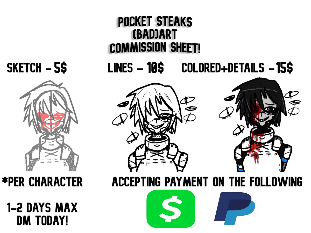 PocketSteaks's tweet image. I feel comfortable reducing my commission rates drastically (they were a bit ridiculous in retrospect) 

Are interested in getting some art made but someone you vaguely know online?!? Youve come to the right place. Commissions are open!!!! DM if interested, Info BELOW!
