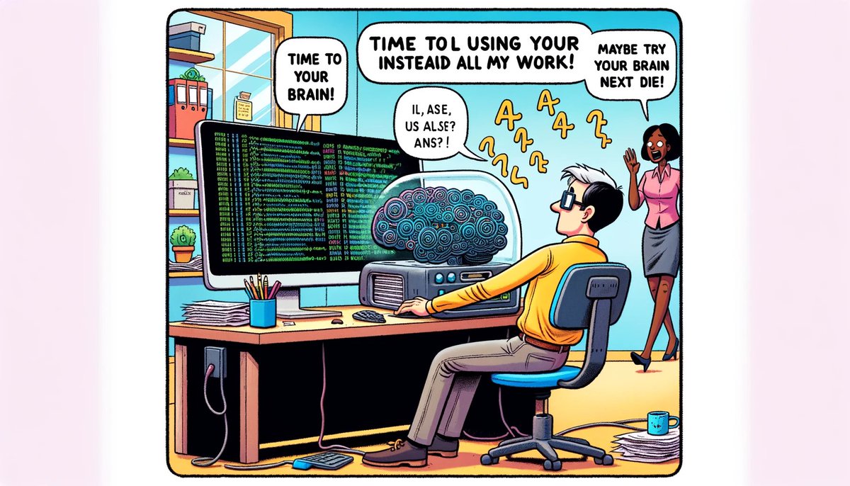qgp07's tweet photo. A story about the overreliance on Large Language Models in three comics, thanks to ChatGPT.  (It can't count panels, and it told me this one was a three-panel comic.) https://t.co/a6lTXH3Biu
