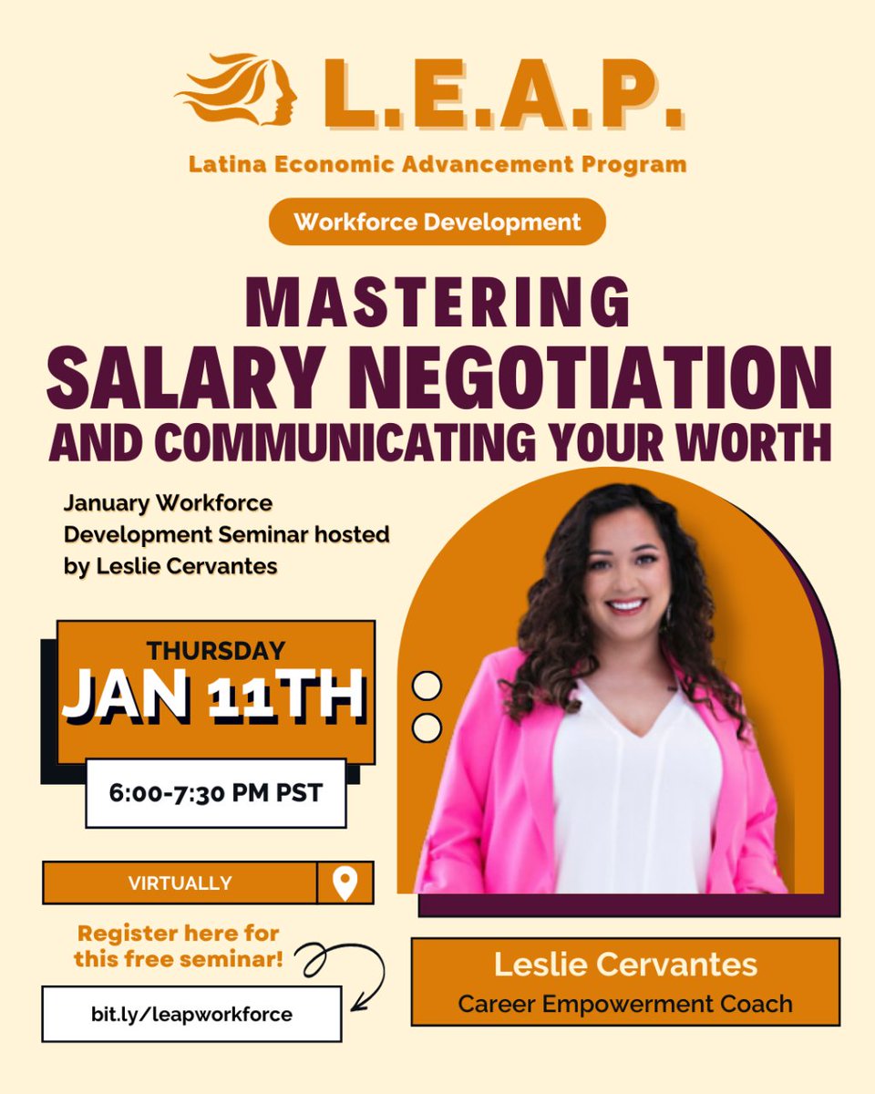 LatinaCoalition's tweet photo. 2024 is YOUR YEAR and LEAP is rolling out the opportunities—1 week left until our Salary Negotiation Seminar followed by a special convening! If you're ready to step into the driver seat of your finances then buckle up and put yourself FIRST by registering https://t.co/epljG9Qxxg https://t.co/e47uRJyKFV