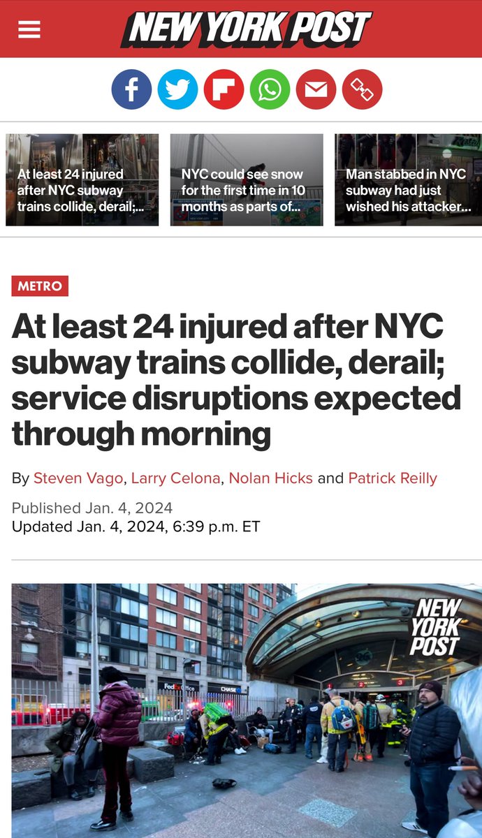 ibuki53010508's tweet photo. At least 24 injured after NYC subway trains collide, derail; service disruptions expected through morning。

At least 24 people were hurt and hundreds were evacuated after two subway trains collided on the Upper West Side Thursday afternoon, causing both to derail, officials said https://t.co/kqOkZOFiuk