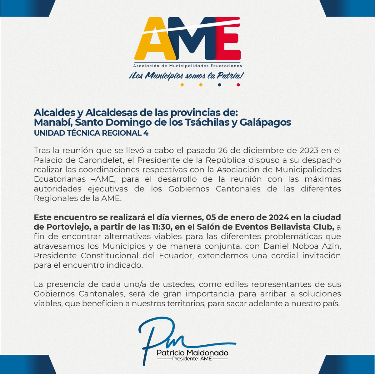 ¡Encuentros que abren caminos! 

Hago un llamado e invito a los Alcaldes/as de la UTR4 a una reunión vital con el presidente <a href="/DanielNoboaOk/">Daniel Noboa Azin</a>. 🤝 

Es momento de unir voces para el progreso de nuestras comunidades. 

¡Nos vemos mañana en Portoviejo colegas!