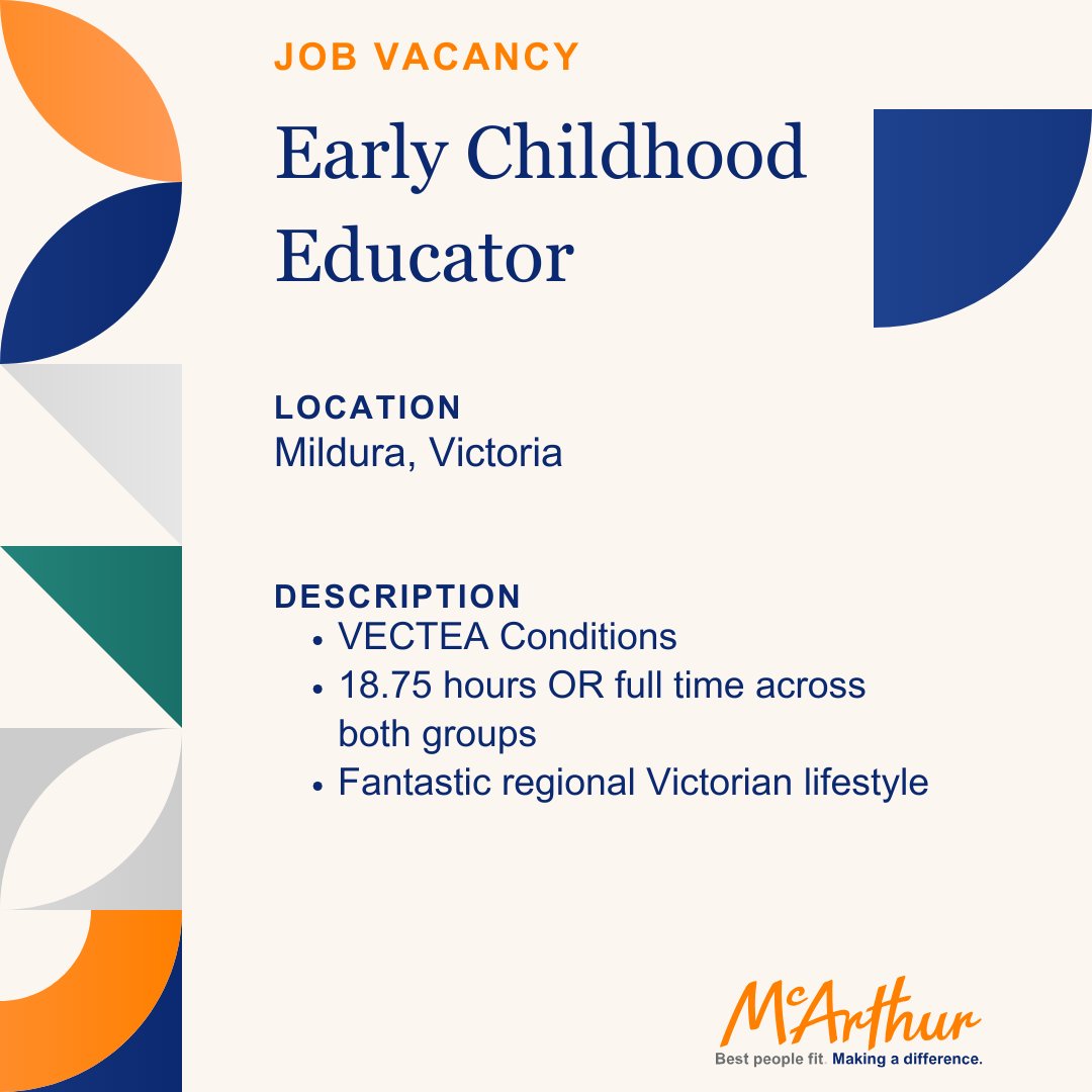 Fantastic ECE opportunities across Victoria!

Centre Director mcarthur.com.au/jobs/details/c…
Early Childhood Teacher
mcarthur.com.au/jobs/details/e…
Early Childhood Educator mcarthur.com.au/jobs/details/e…

#melbournejobs #opportunities #earlychildhoodeducation #ECEjobs #victoriajobs