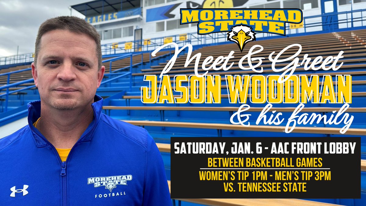 All fans are invited to a meet & greet with new @MSUEaglesFB head coach Jason Woodman (@CoachWoodmanMSU) & his family Saturday. It will take place in the south lobby of the AAC in between the women's & men's games with Tennessee State. The WBB game tips off at 1 p.m. ET.