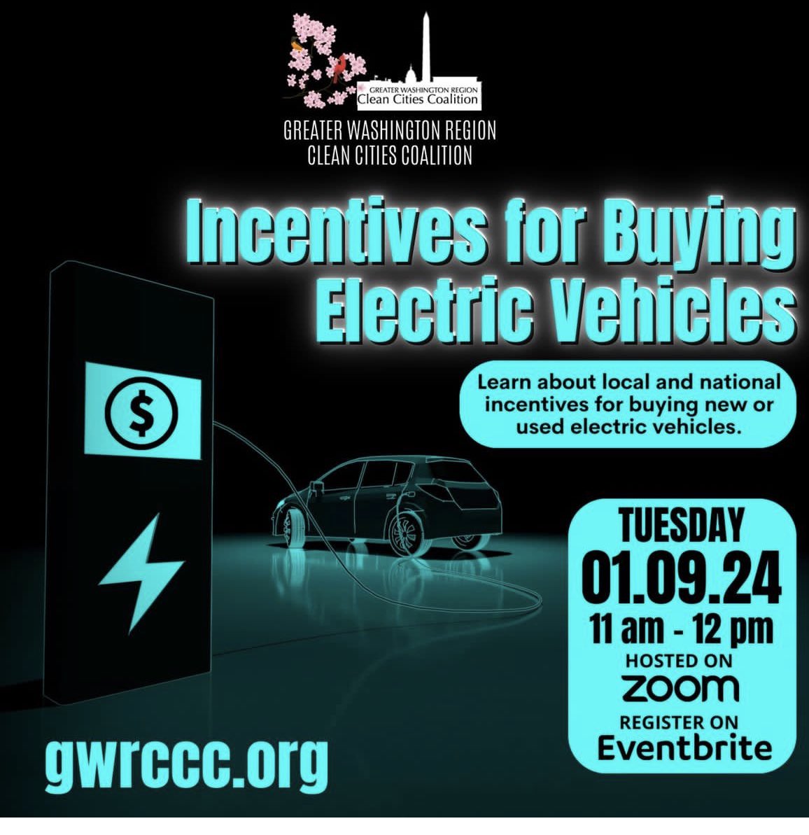 Learn how you can save money on new and used electric vehicles at the Incentives for Buying Electric Vehicles Webinar coming up on January 9 at 11 AM via Zoom!

Register here: IncentivesforBuyingEVs.eventbrite.com

#GWRCCC #EV #EVIncentive #CleanEnergy #CleanTransportation