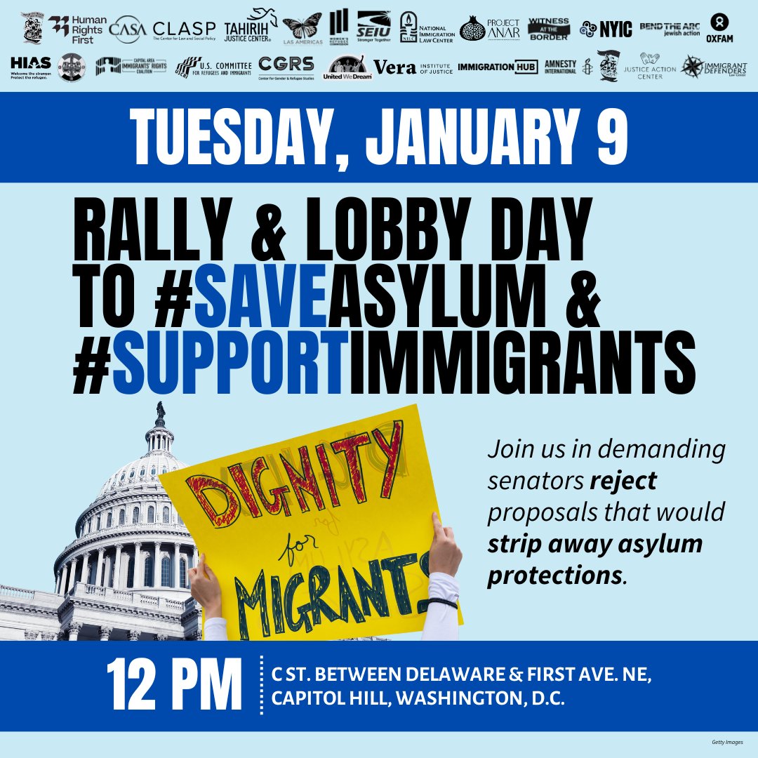 🦋NEXT TUESDAY: Join us in D.C. for a rally and lobby day to #SaveAsylum and #SupportImmigrants!

WHEN: Tuesday, January 9 at 12 pm ET
WHERE: C St. between Delaware & First Ave. NE, Capitol Hill, Washington, D.C.

RSVP👉bit.ly/48EzQJZ #WelcomeWithDignity
